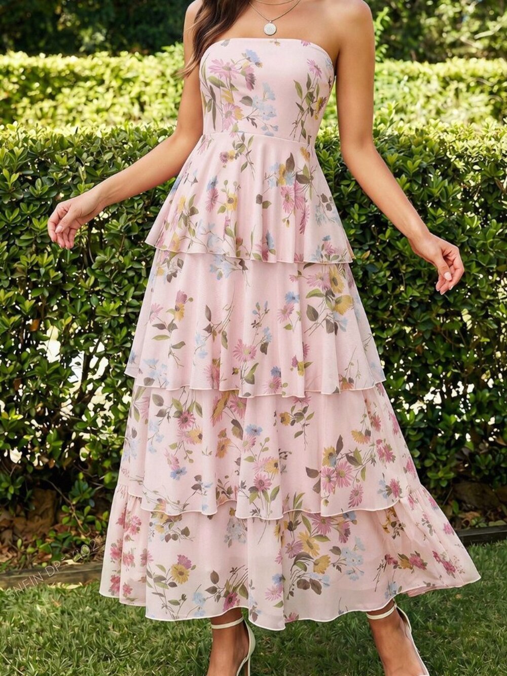 Dusty Pink Boho Floral Women's Strapless Chiffon Dress